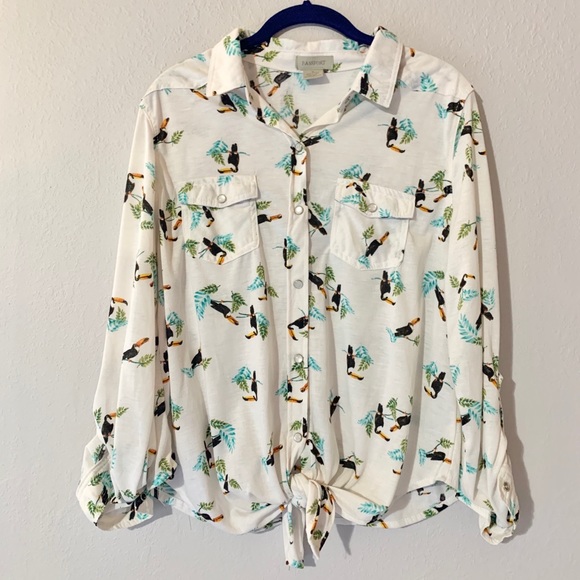 Passport Tops - PASSPORT TROPICAL TUCAN PALM TREE TIE UP BLOUSE